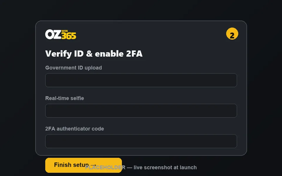 ozwin365ph registration step 2 — KYC and 2FA screen (placeholder)